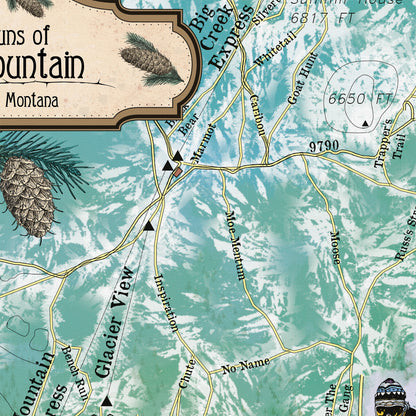Great River Arts Big Mountain Ski Runs Historic Map Reproduction Artwork Wall Art Print Vintage