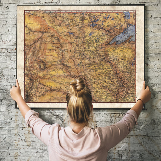 map of minnesota, map of iowa, map of great plains, vintage historic antique map poster, oversize wall art, cartography gift, indian tribes