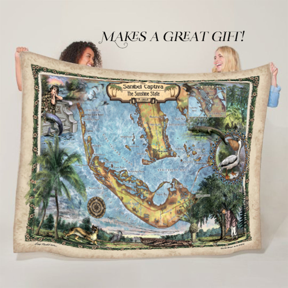 Sanibel Captiva Florida Map Blanket Double Stitched Edges Cozy Luxury Fluffy Super Soft 430 GSM Polyester Throw Blanket