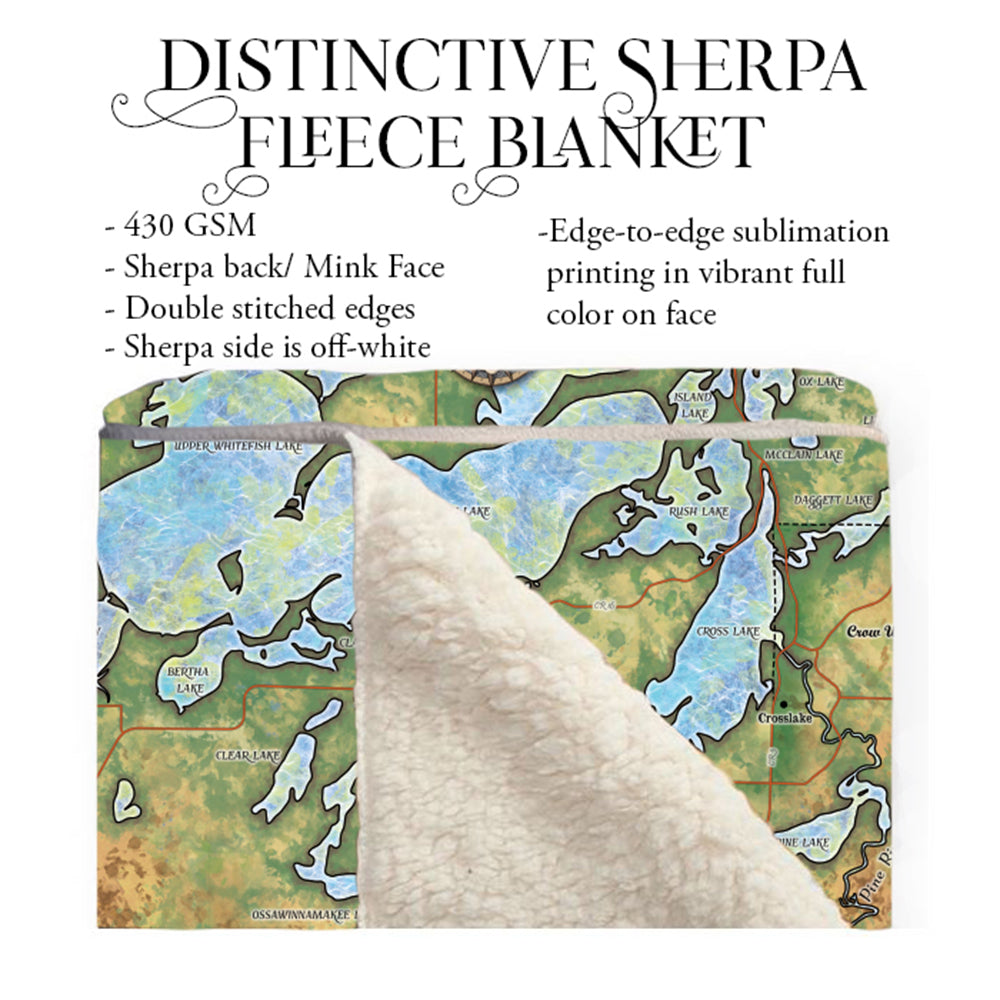 Whitefish Chain of Lakes Minnesota Map Blanket Double Stitched Edges Cozy Luxury Fluffy Super Soft 430 GSM Polyester Throw Blanket