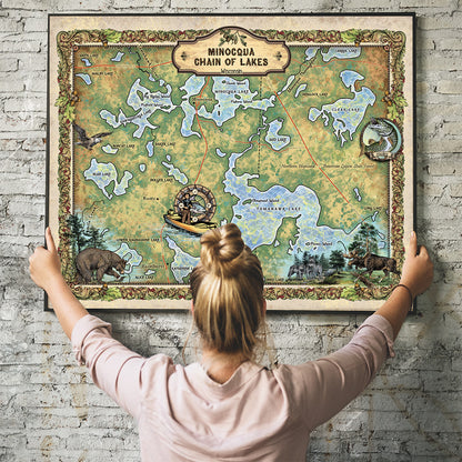 Minocqua Chain of Lakes Wisconsin Historic Map Art Print Poster Artwork Vintage Style Abstract Wall-Unframed Great Home Decor & Gift
