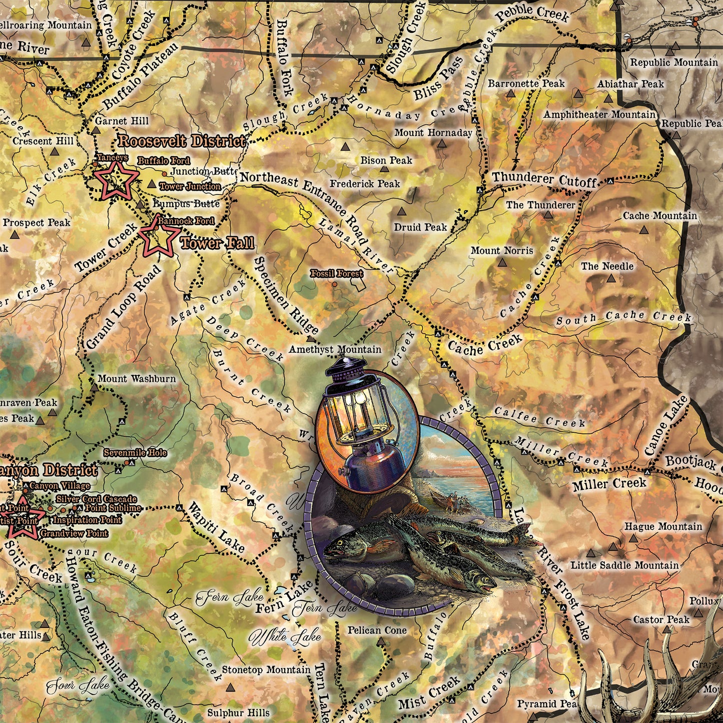 yellowstone, yellowstone map, yellowstone art, national park, hiker gift, wyoming gifts, montana maps, wyoming gifts, buffalo, western map