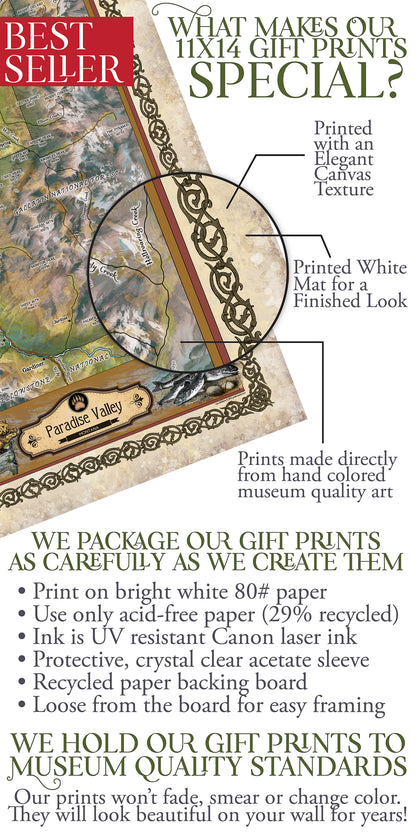 Montana map, paradise valley, bozeman, chico, livingston, yellowstone national park map, montana art, horse art, bear art map hand painted