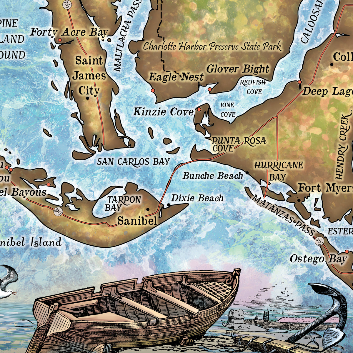 Charlotte Harbor Florida Historic Map Art Print Poster Artwork Vintage Style Abstract Wall-Unframed Home Decor & Best Gift