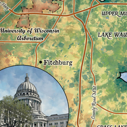 Great River Arts The Lakes of Madison Wi Historic Map Reproduction Artwork Wall Art Print Vintage