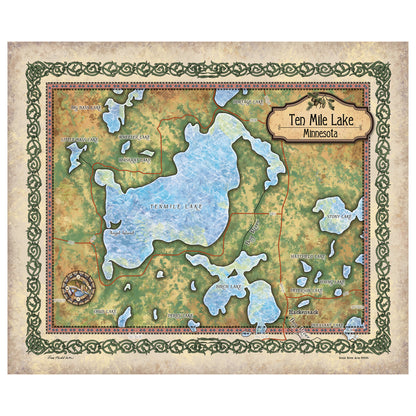 Great River Arts Ten Mile Lake Historic Map Reproduction Artwork Wall Art Print Vintage