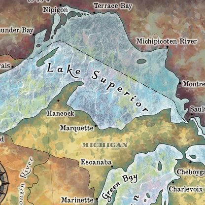 Great lakes map, lake superior, Michigan, Erie, Huron, Canada map, lake art, rustic decor, great lakes decor, cabin art, lake art, wall map