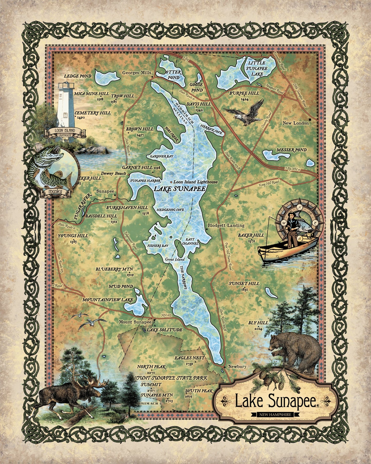 Sunapee Lake New Hampshire Map Art Blanket Throw Polar/ Silky/ Sherpa Fleece Artwork Warm Blanket for Winter Bed Sofa Chair Dorm Gift