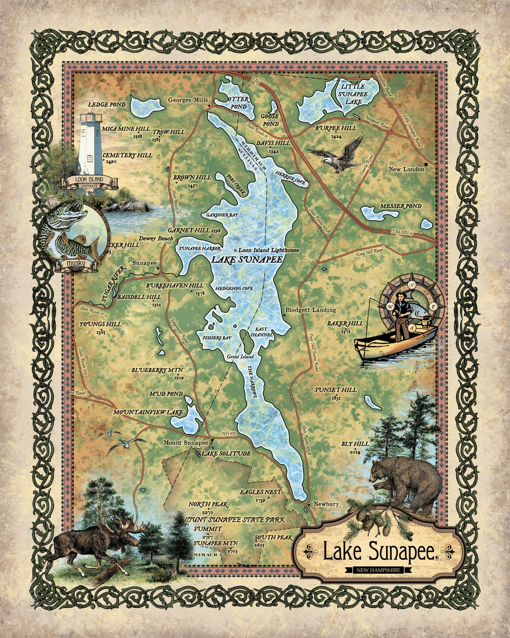 Sunapee Lake New Hampshire Map Art Blanket Throw Polar/ Silky/ Sherpa Fleece Artwork Warm Blanket for Winter Bed Sofa Chair Dorm Gift