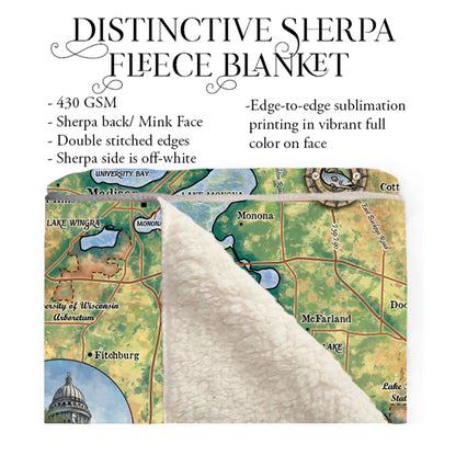 The Lakes of Madison Wisconsin Map Sherpa Fleece Blanket Double Stitched Edges Cozy Luxury Fluffy Super Soft 430 GSM Polyester Throw Blanket