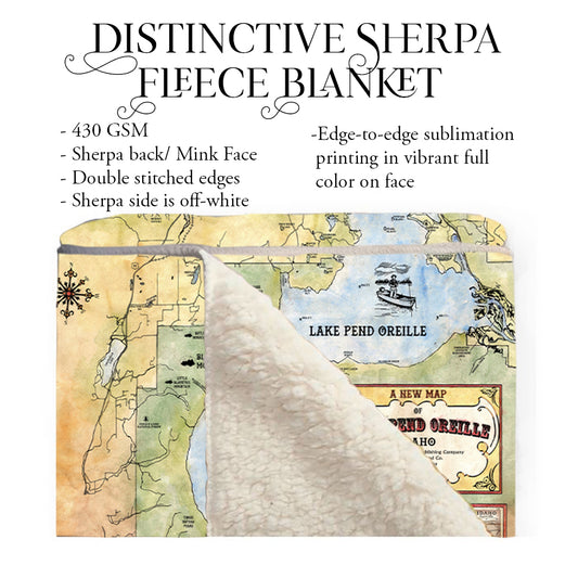 Lake Pend Oreille Idaho Historic Map Art Blanket Throw Polar/ Silky/ Sherpa Fleece Vintage Blanket For Bed Sofa Chair Dorm Gift & Traveling
