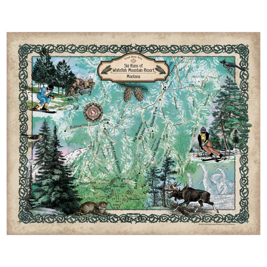 whitefish, whitefish montana, big mountain, montana map, montana ski map, skier gift, skier wall art, skier art, winter artwork, cabin decor