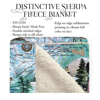 Bridger Bowl Montana Bozeman Map Sherpa Fleece Blanket Double Stitched Edges Cozy Luxury Fluffy Super Soft 430 GSM Polyester Throw Blanket