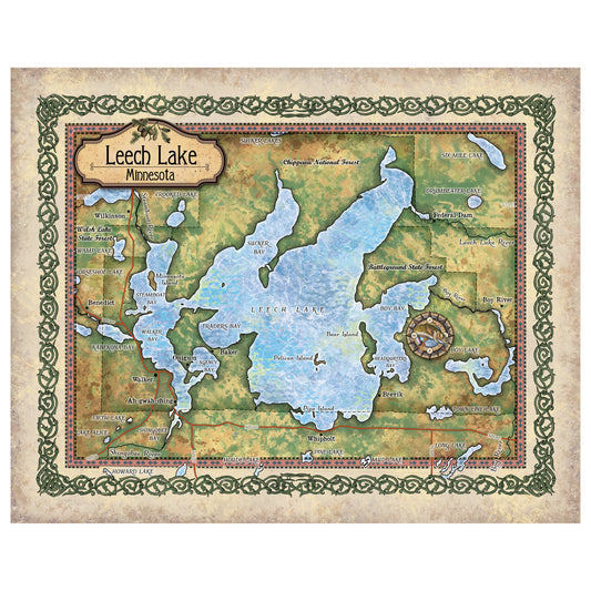 Great River Arts Leech Lake Historic Map Reproduction Artwork Wall Art Print Vintage