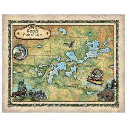 Waupaca Chain of Lakes Wisconsin Historic Map Art Print Poster Artwork Vintage Style Abstract Wall-Unframed Great Home Decor & Gift