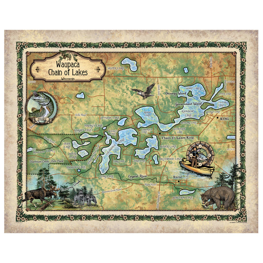 Waupaca Chain of Lakes Wisconsin Historic Map Art Print Poster Artwork Vintage Style Abstract Wall-Unframed Great Home Decor & Gift