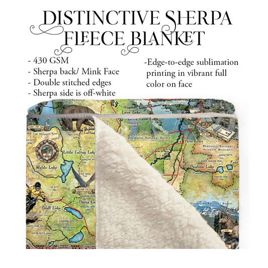 Cascade Lakes Oregon Historic Map Art Throw Blanket Polar/ Silky/ Sherpa Fleece Vintage Blanket For Bed Sofa Chair Couch Gift & Traveling