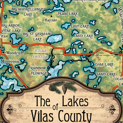 Lakes of Vilas County Wisconsin Historic Map Art Print Poster Artwork Vintage Style Abstract Wall-Unframed Great Home Decor & Gift