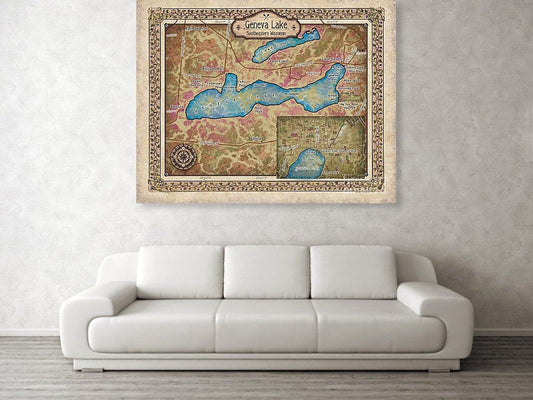 Geneva Lake Wisconsin, Wisconsin gifts, lake geneva map, lake art, lake decor, rustic decor, cabin decor, lake house art, wisconsin art, map