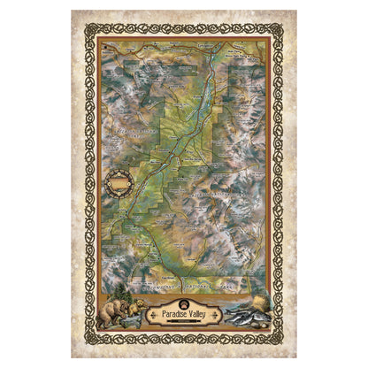Montana map, paradise valley, bozeman, chico, livingston, yellowstone national park map, montana art, horse art, bear art map hand painted