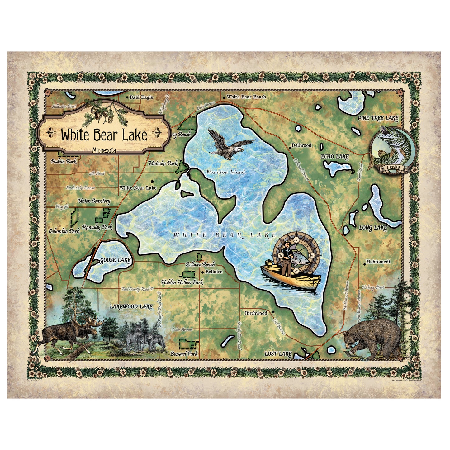 White Bear Lake Minnesota Historic Map Art Print Poster Artwork Vintage Style Abstract Wall-Unframed Great Home Decor & Gift