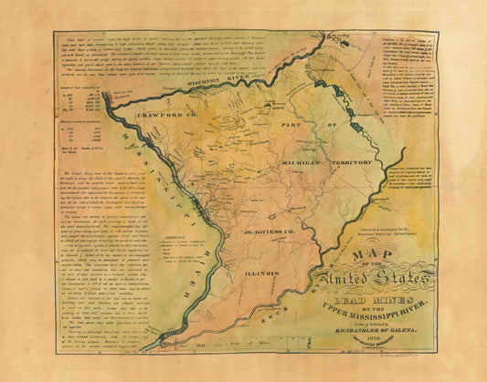 Great River Arts Lead Mines Upper Mississippi Historic Map Reproduction Artwork Wall Art Print Vintage