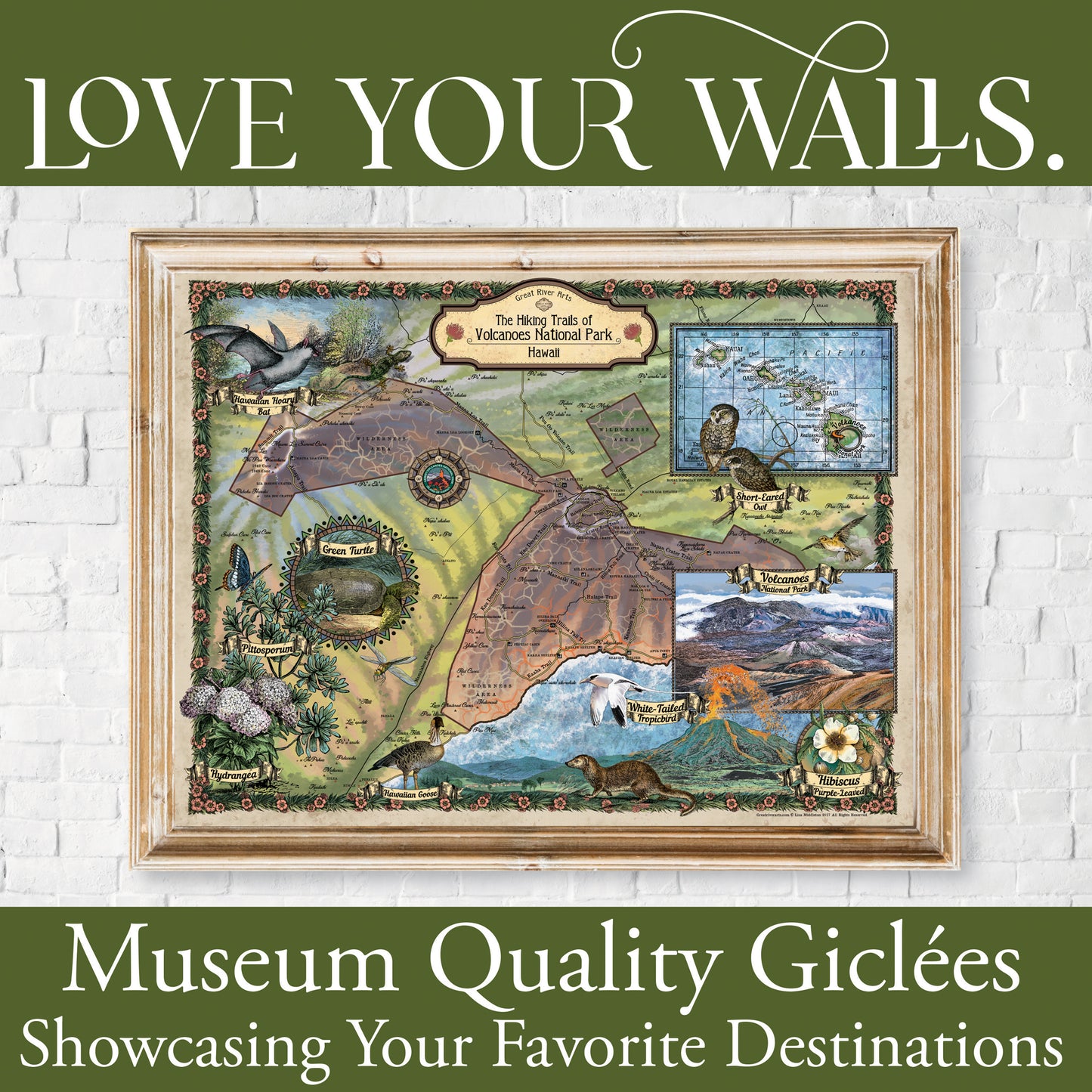 Hiking Volcanoes National Park Hawaii Vintage Map Art Poster Print Vintage Style Inspirational Wall Art Poster For Home Decor Office Bedroom Canvas Classroom Decor & Great Travel Gift