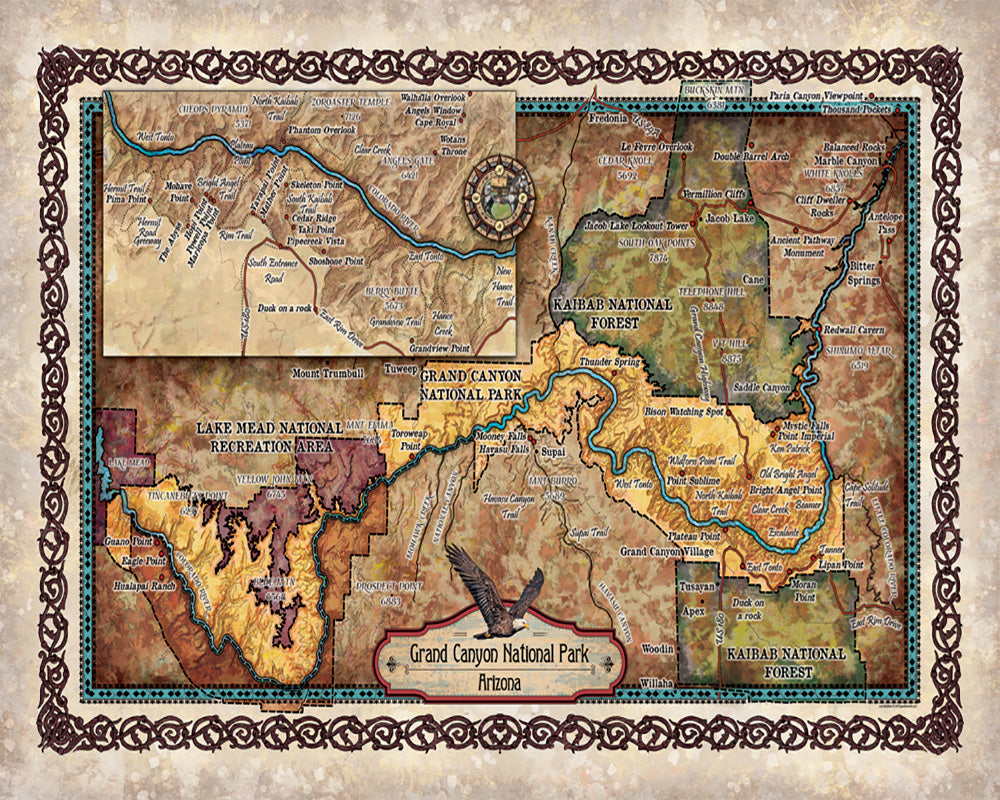 Grand Canyon map, Arizona vintage Map, Arizona Gifts, Grand Canyon Arizona Wall Art, Southwest decor, Hiker Gift, Desert Art, National parks