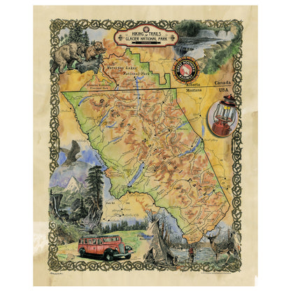 Great River Arts Glacier Hiking Historic Map Reproduction Artwork Wall Art Print Vintage