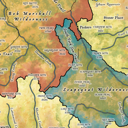 Montana map, montana hiking, Bob Marshall Wilderness, The Bob map, backpacker gift, Montana gift, hiker gift,