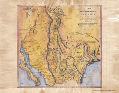 251 Pike's Map,Hand Painted Map,Historic Map,Antique Map Of New Spain,Texas,San Diego,San Antonio,New Mexico,Dallas,EI Paso by Lisa Middleto
