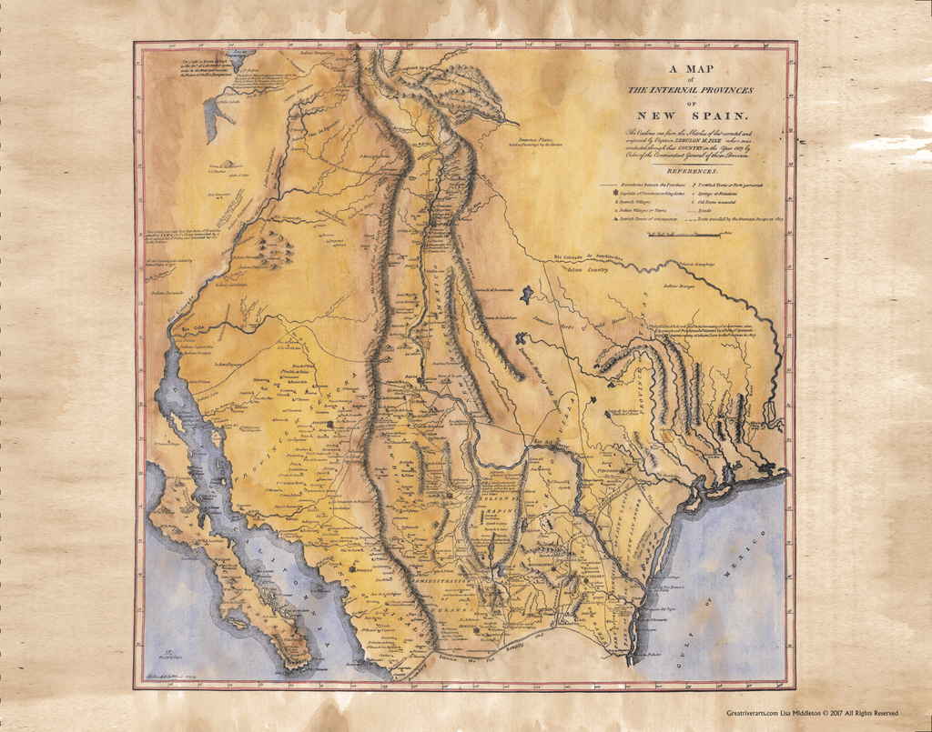 251 Pike's Map,Hand Painted Map,Historic Map,Antique Map Of New Spain,Texas,San Diego,San Antonio,New Mexico,Dallas,EI Paso by Lisa Middleto