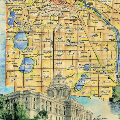 152 Parks and Neighborhoods of Minneapolis and St. Paul Minnesota vintage historic antique map poster print by Lisa Middleton