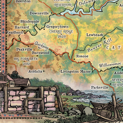 Catskill Mountains Antique Map Art Blanket Throw Sherpa Fleece Vintage Artwork Blanket For Bed Sofa Couch Gift & Winter Travel