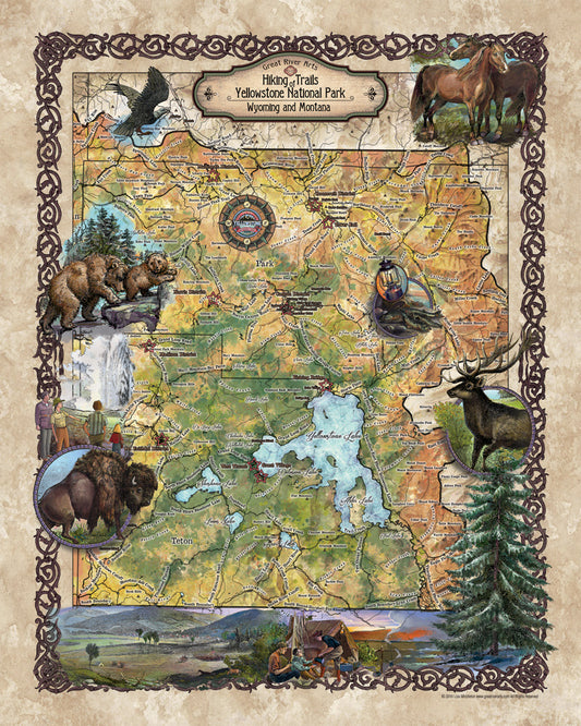 Hiking Yellowstone Wyoming and Montana Antique Map Art Blanket Throw Sherpa Fleece Blanket - Bed Sofa Couch Gift & Travel