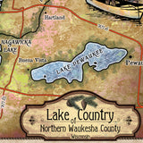 Lake Country of Northern Waukesha Wisconsin Map Art Print Poster Artwork Vintage Style Abstract Wall-Unframed Great Home Decor & Gift