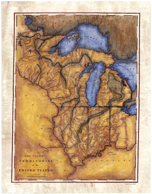 126 Upper Territories of the United States 1814 11x14" hand painted,vintage map,antique map,old map,map art,Great River Arts by Lisa Middlet
