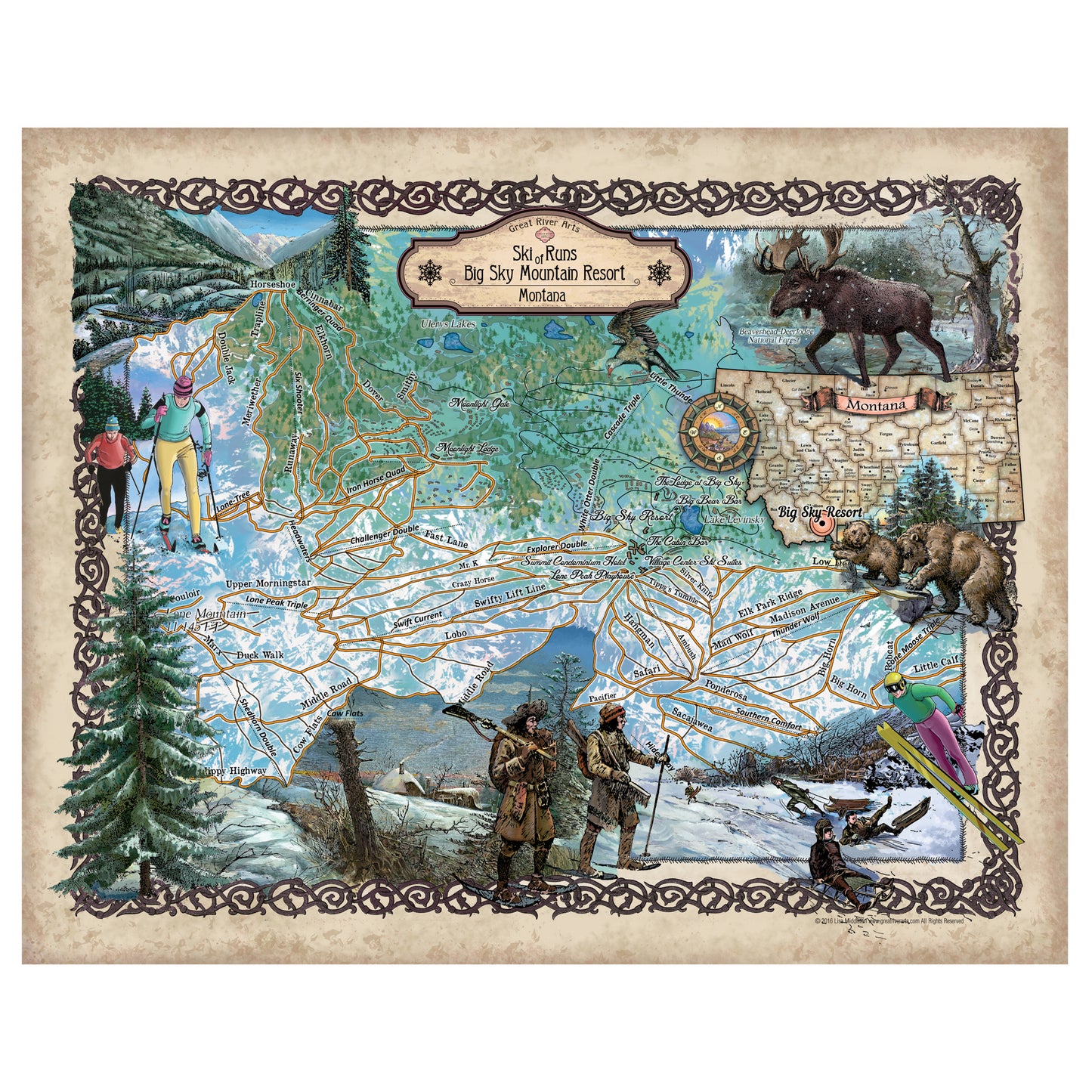 Big Sky Ski Runs Montana Historic Map Art Print Poster Artwork Vintage Style Abstract Wall-Unframed Great Home Decor & Gift