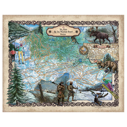Big Sky Ski Runs Montana Historic Map Art Print Poster Artwork Vintage Style Abstract Wall-Unframed Great Home Decor & Gift