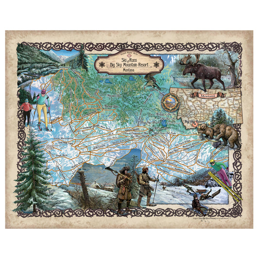 Big Sky Ski Runs Montana Historic Map Art Print Poster Artwork Vintage Style Abstract Wall-Unframed Great Home Decor & Gift