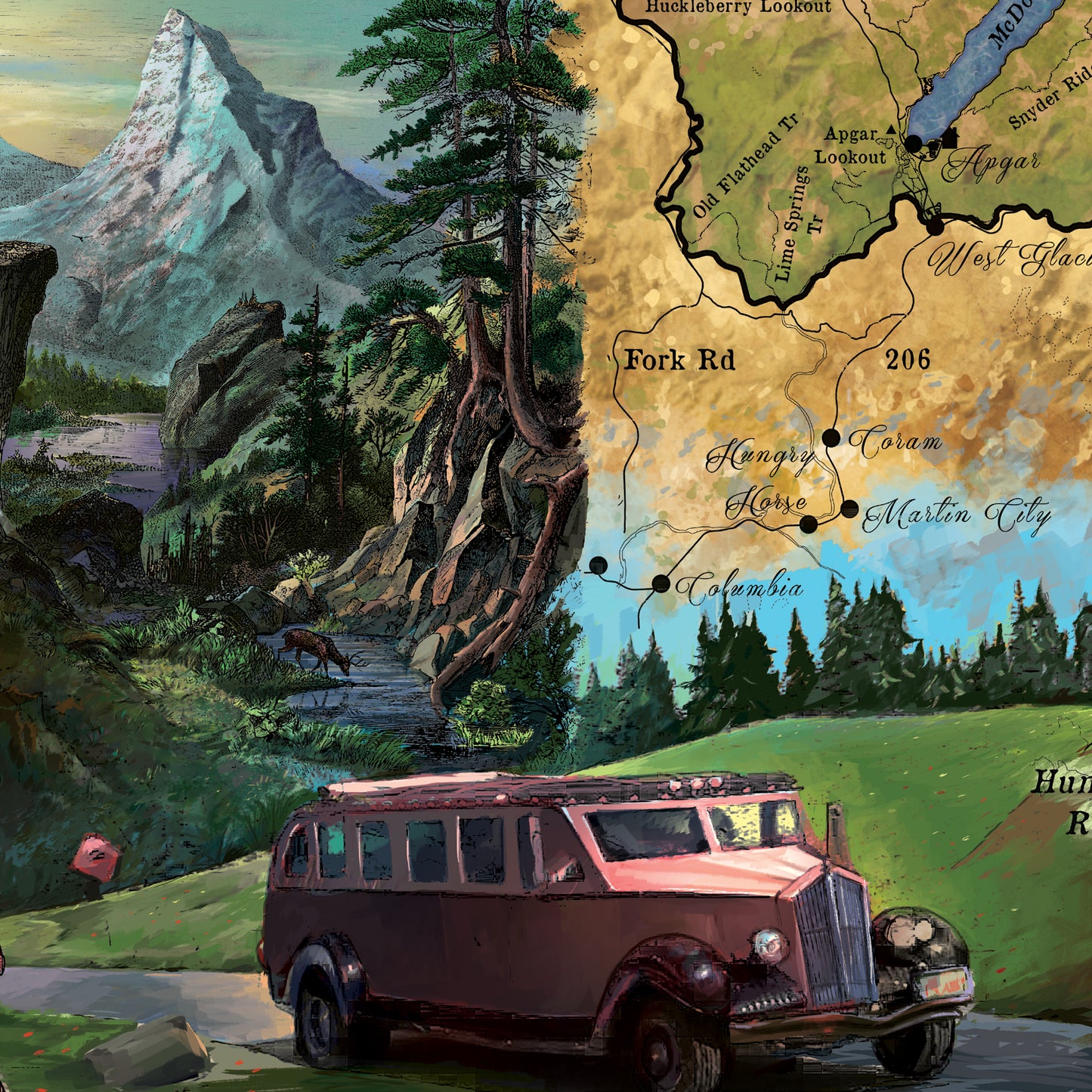 Hiking Glacier National Park Montana Map Art Blanket Throw Sherpa Fleece Vintage Blanket For Bed Sofa Couch Gift & Travel