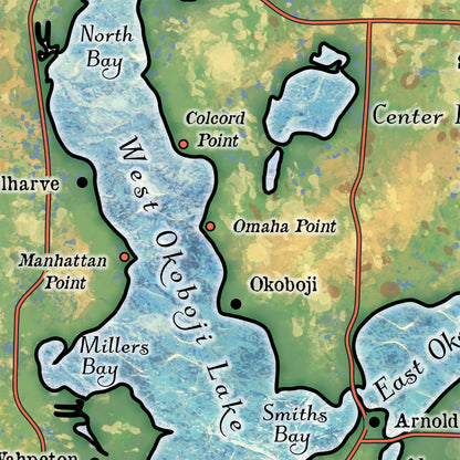 Great River Arts Spirit Lake and Lake Ookoboji Historic Map Reproduction Artwork Wall Art Print Vintage