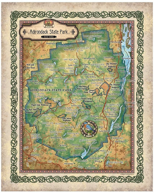 Adirondack State Park NY Historic Map Art Print Poster Vintage Artwork Wall Decor For Home Office Livingroom Classroom Lakehouse Decor Gift