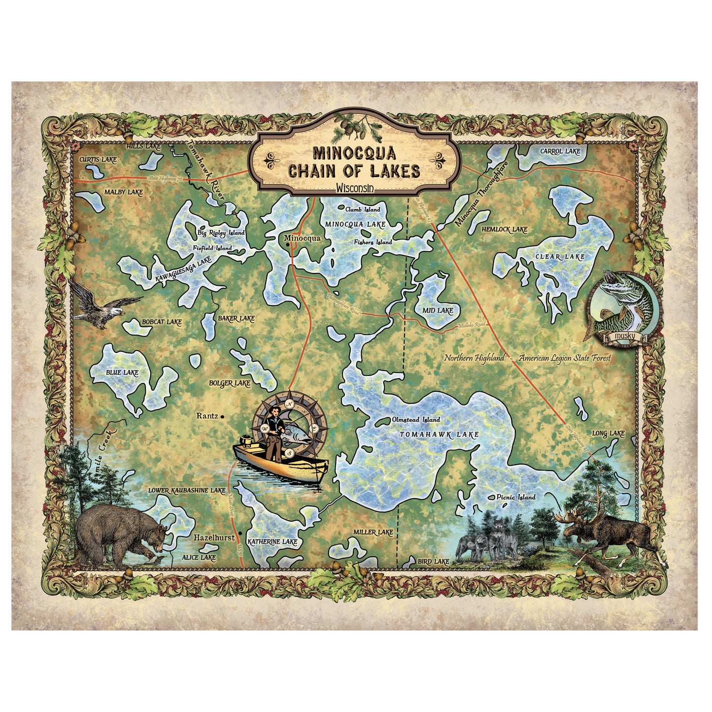 Minocqua Chain of Lakes Wisconsin Historic Map Art Print Poster Artwork Vintage Style Abstract Wall-Unframed Great Home Decor & Gift