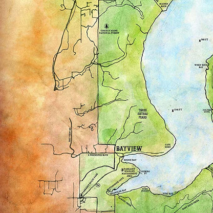 68 Lake Pend Oreille Idaho 11x14" Vintage Map Prints,Vintage Map Poster,Hand Painted Map,Historic Map,Antique Map,Great River Arts By Lisa M
