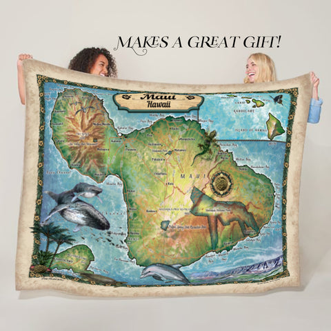 Maui Hawaii Map Art Blanket Throw Polar/ Silky/ Sherpa Fleece Vintage Blanket For Bedroom Sofa Chair Dorm Gift & Winter Traveling