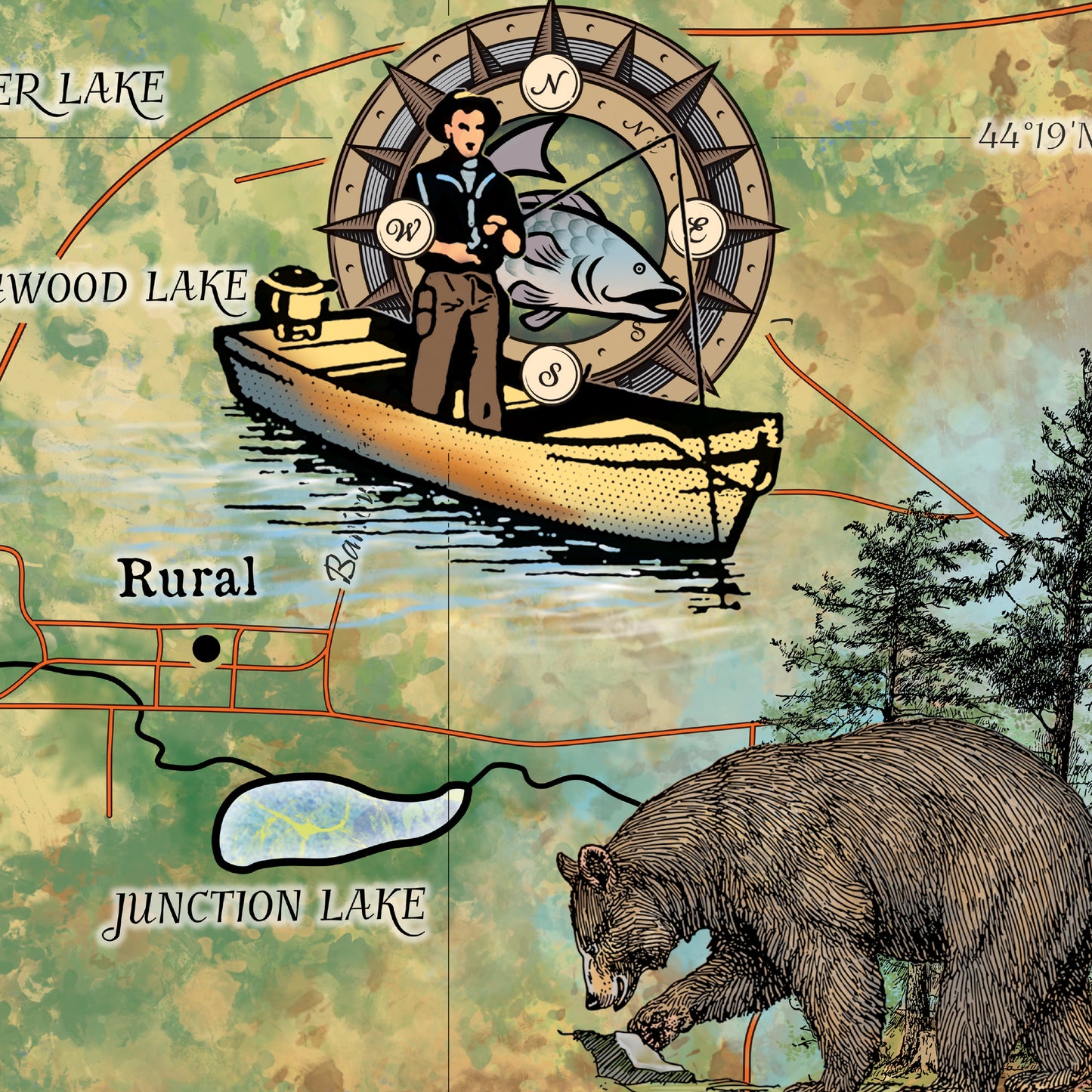 Waupaca Chain of Lakes Wisconsin Historic Map Art Print Poster Artwork Vintage Style Abstract Wall-Unframed Great Home Decor & Gift