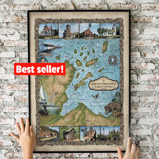 Great lakes art, Apostle Islands, apostle islands map, vintage wall art, great lakes map, great lakes, lake superior art, lake superior map