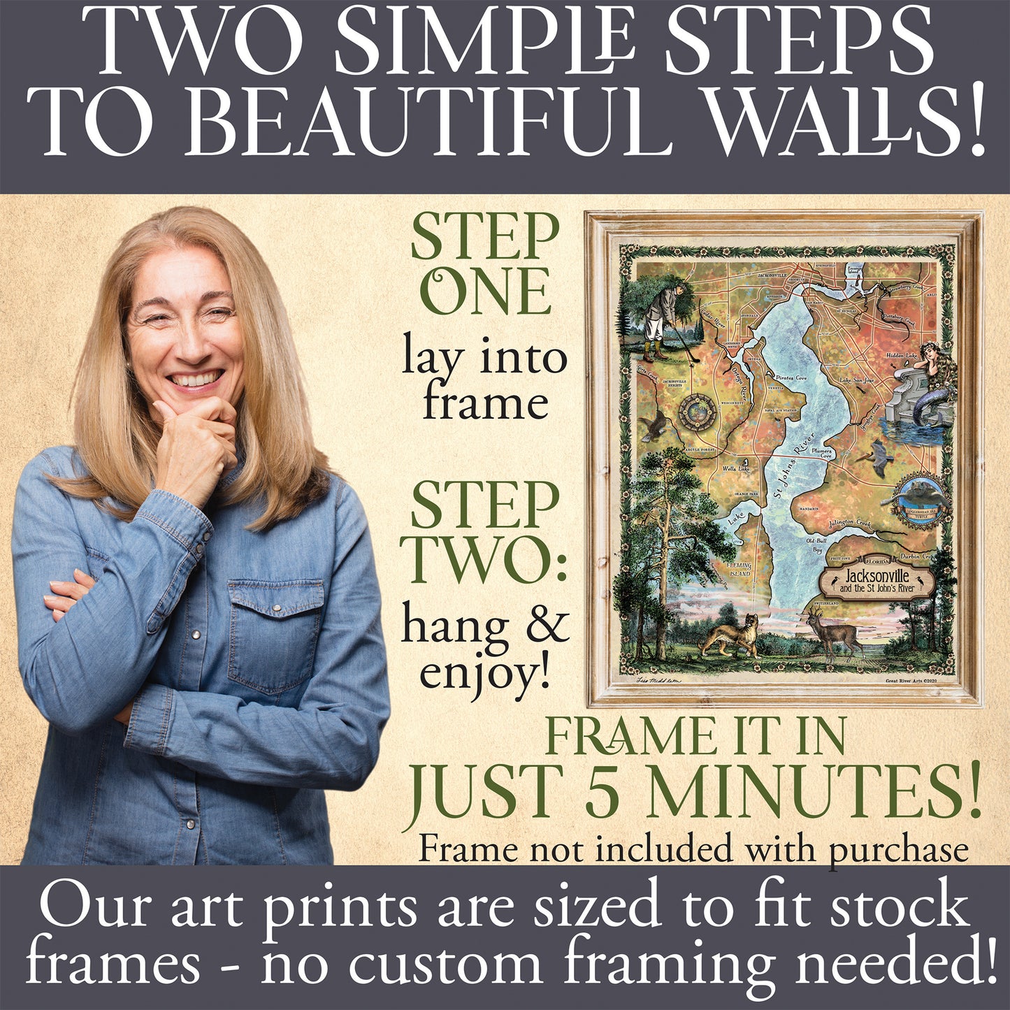 Great River Arts Jacksonville and The St. John's River Historic Map Reproduction Artwork Wall Art Print Vintage