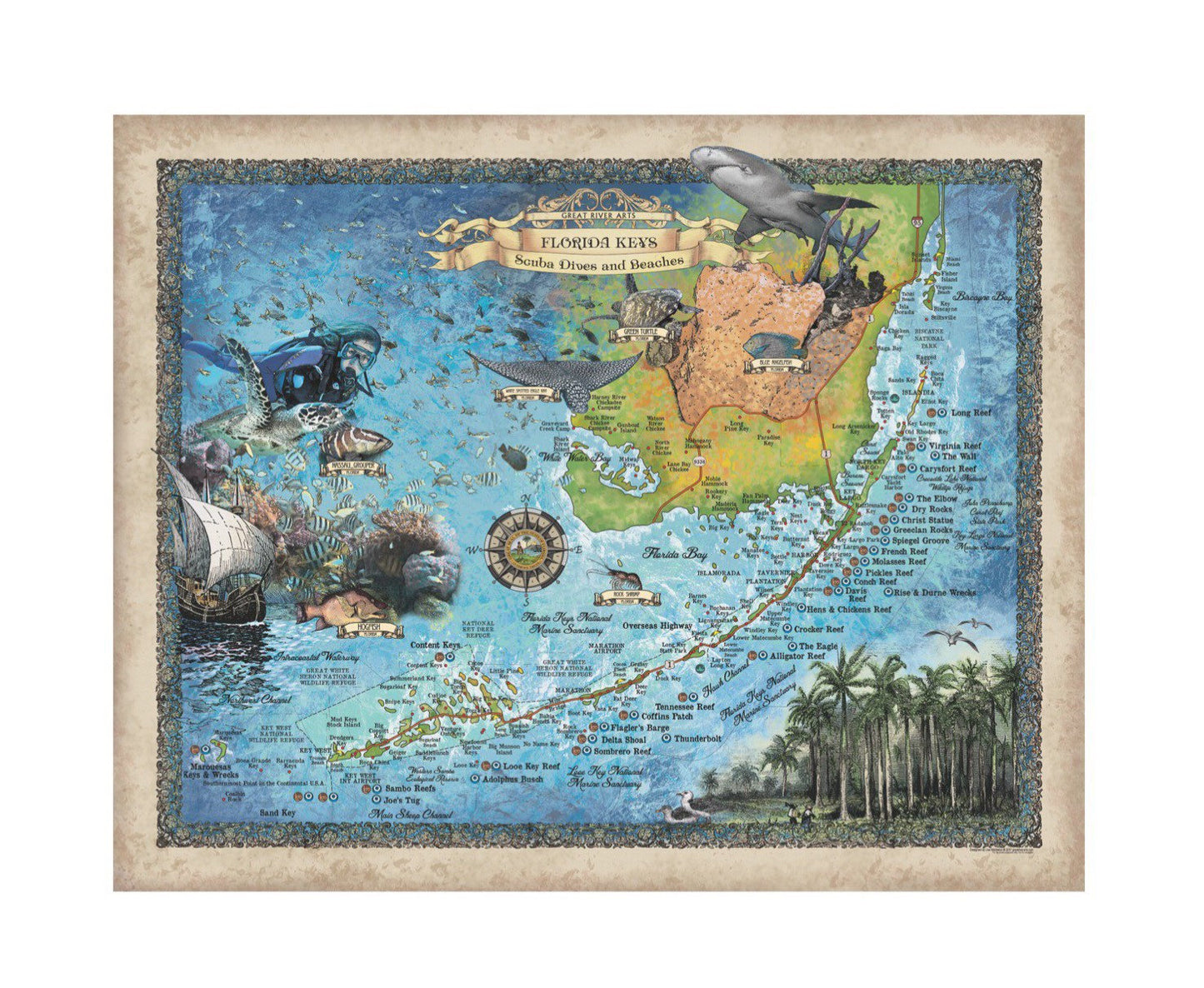 Florida Keys Scuba Diving map, Key west map, Coastal Vintage, snorkel, diving, diver, Florida Gift, Scuba Diving Gift, Scuba Diving, Florida